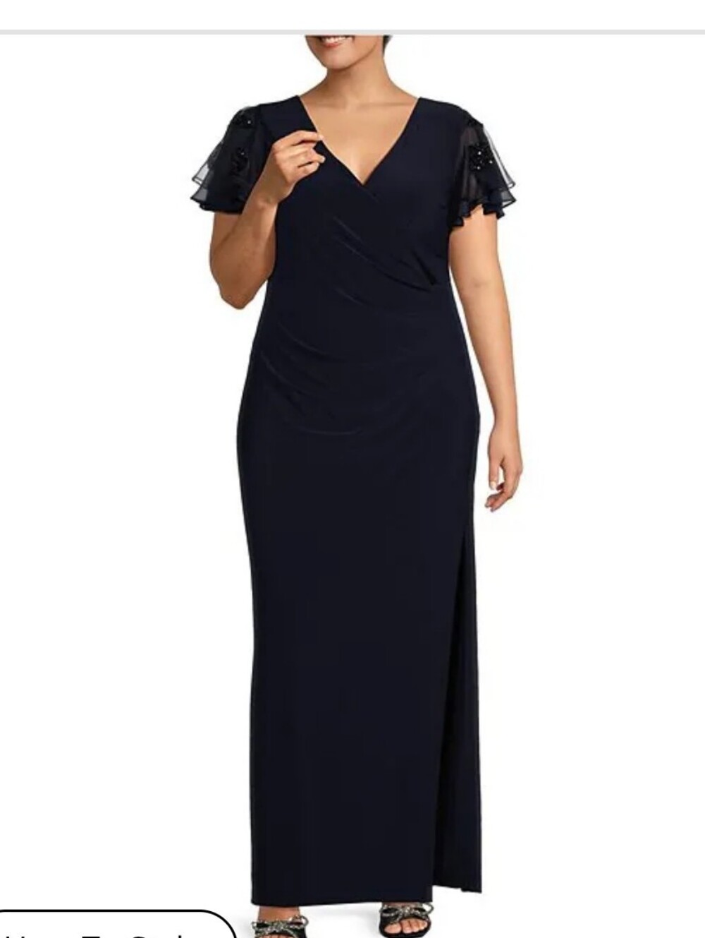 NWT Betsy & Adam 20W Navy Beaded Flutter Sleeve Draped Evening Gown $199